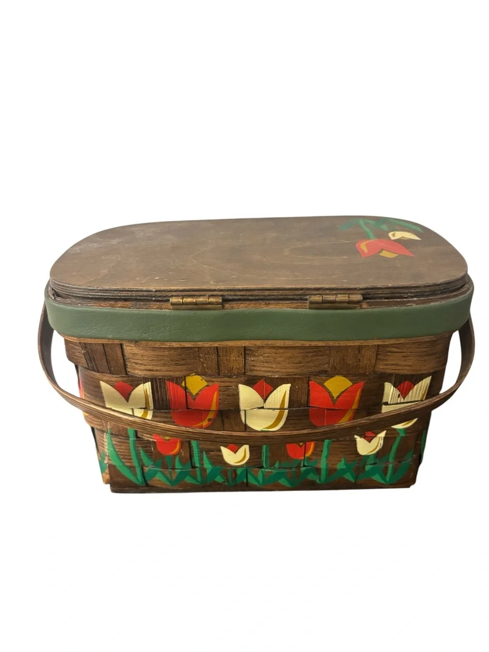 Caro Nan Wooden Picnic Basket Purse VTG Lined Hand Painted Signed Tulips